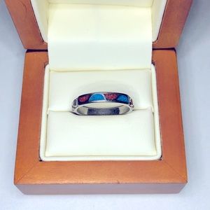 Tribal-inspired Silver Colored Ring with Blue and Red Stone Designs